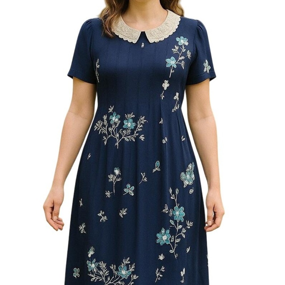 Vintage 90s Karin‎ Stevens Navy Floral Embroidered Dress Lace Collar Cottagecore